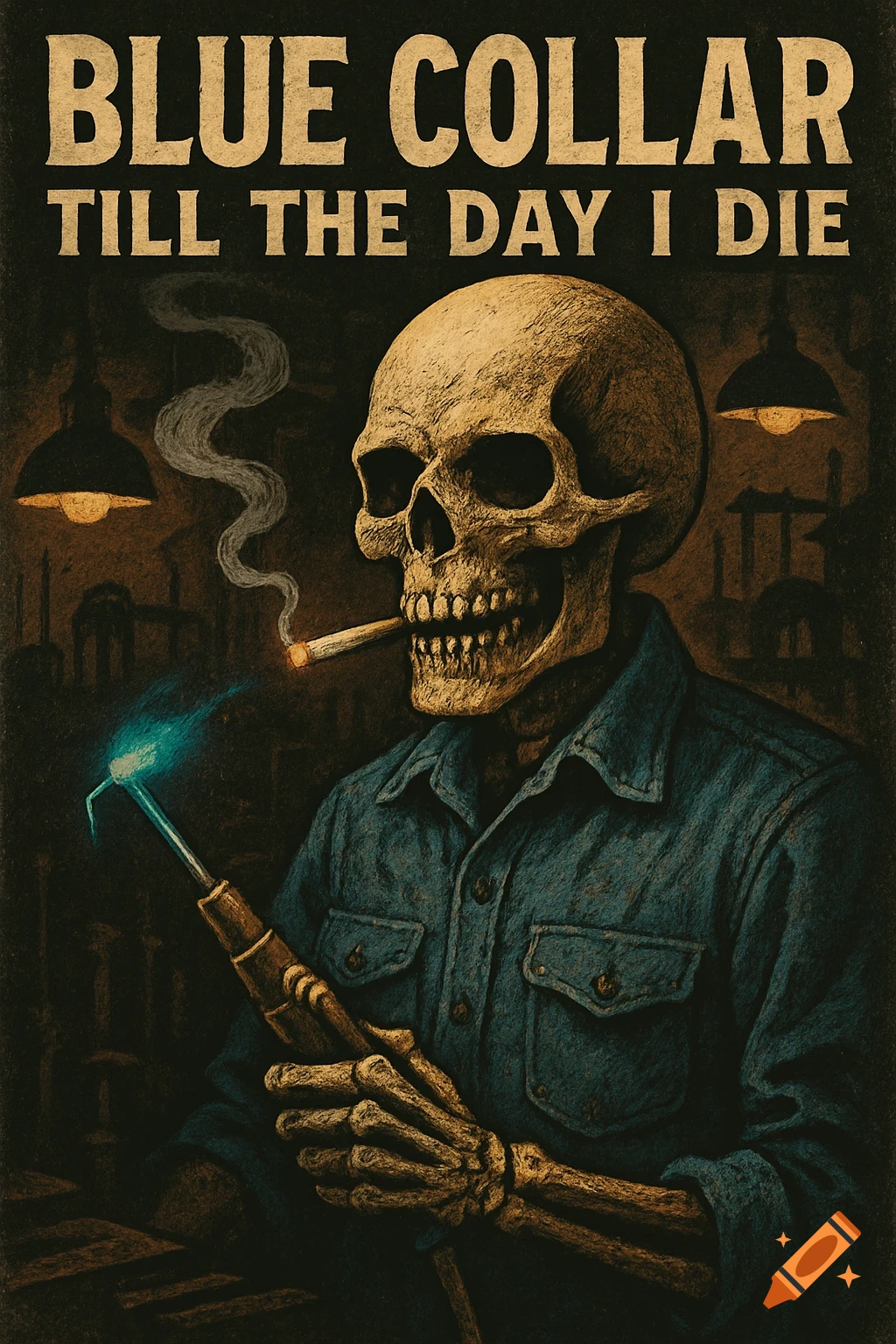 Vintage illustration of a skeleton welder in a blue shirt, smoking, with 'BLUE COLLAR TILL THE DAY I DIE' text.