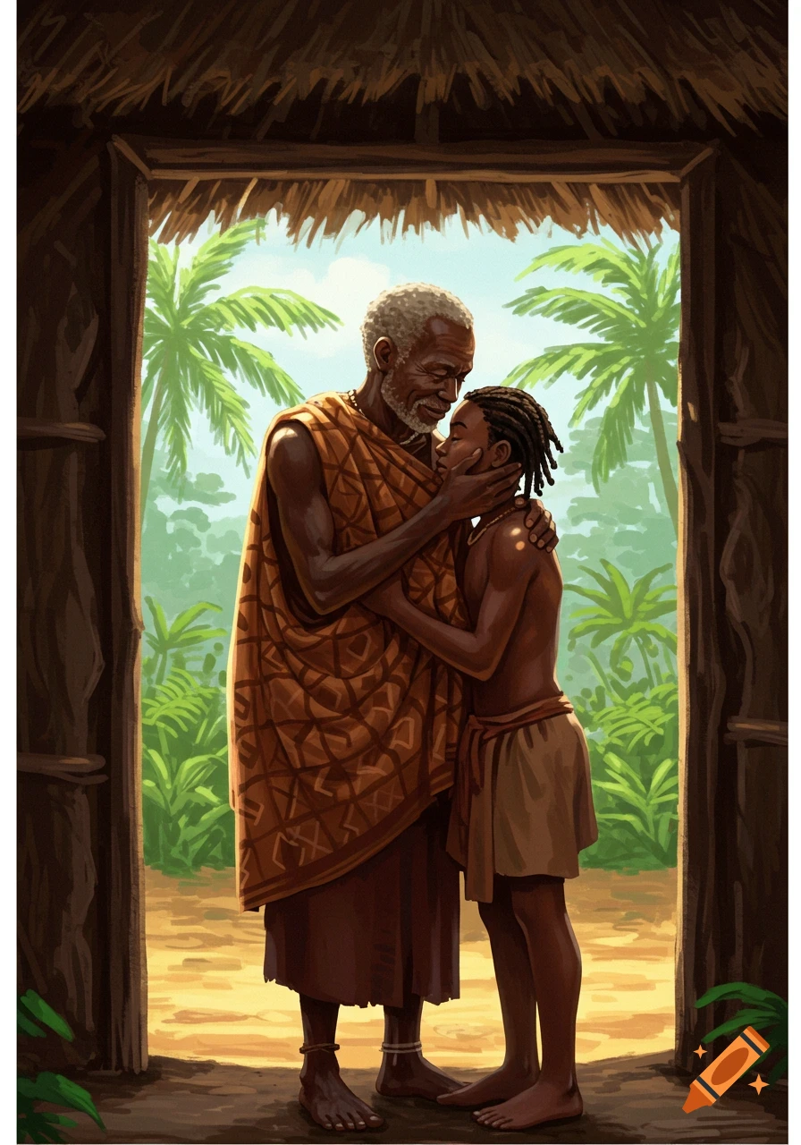 An old African man in a patterned cloth lovingly hugs a child with dreadlocks in a hut doorway, with tropical foliage in the background.