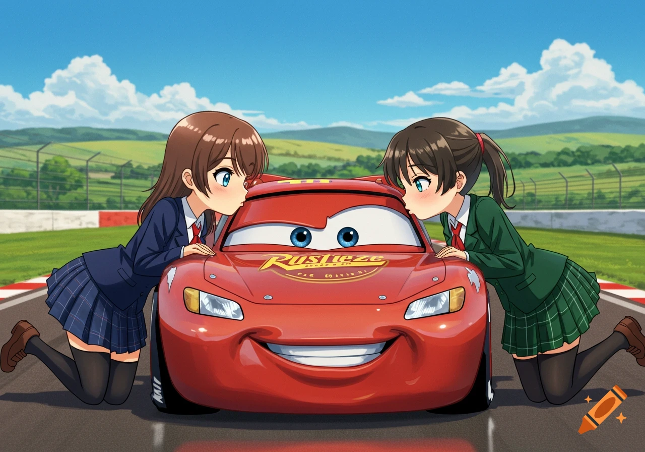 Two anime schoolgirls in uniforms kneel on a race track, leaning in to kiss Lightning McQueen from Pixar's Cars.