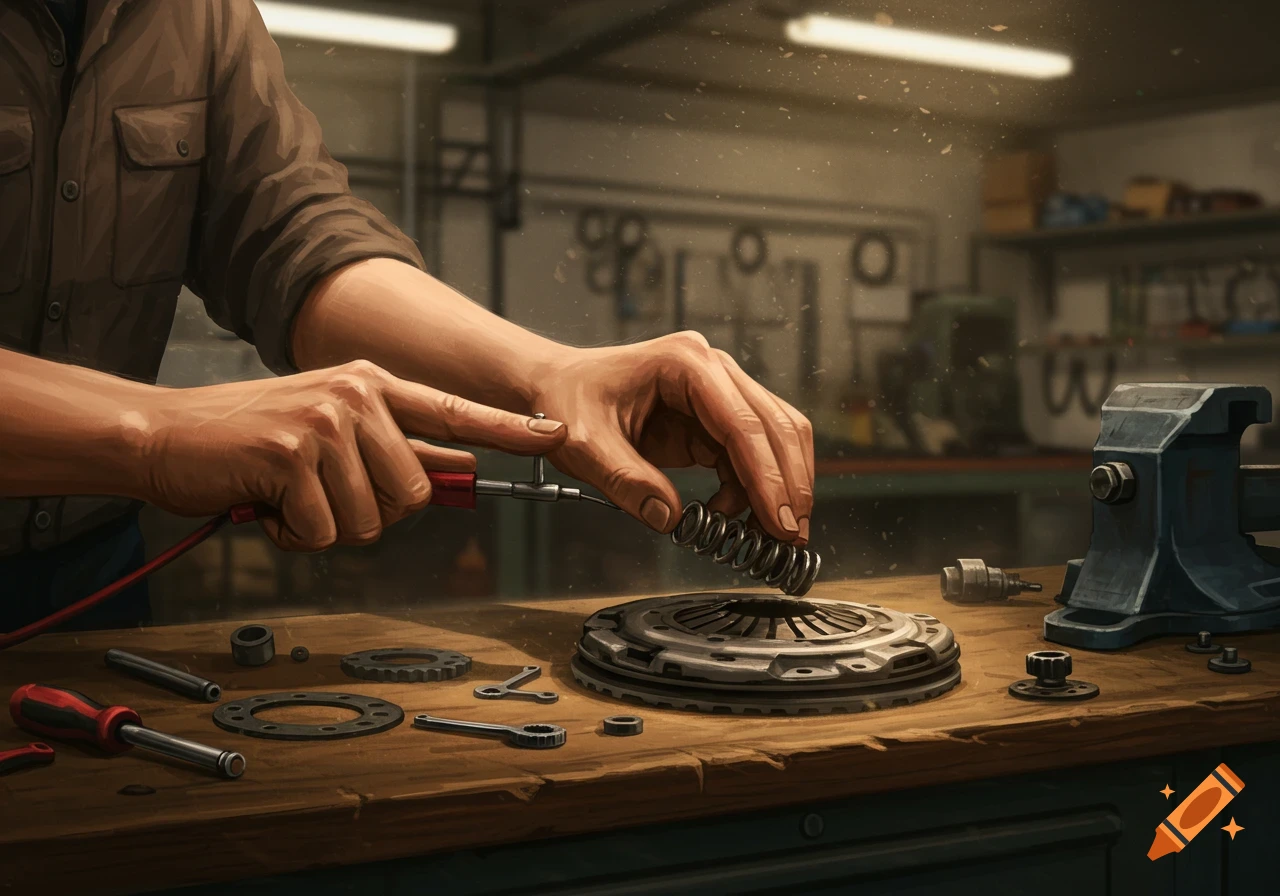 Close-up of a person's hands in a workshop testing a wave spring of a car clutch plate on a wooden workbench with tools.