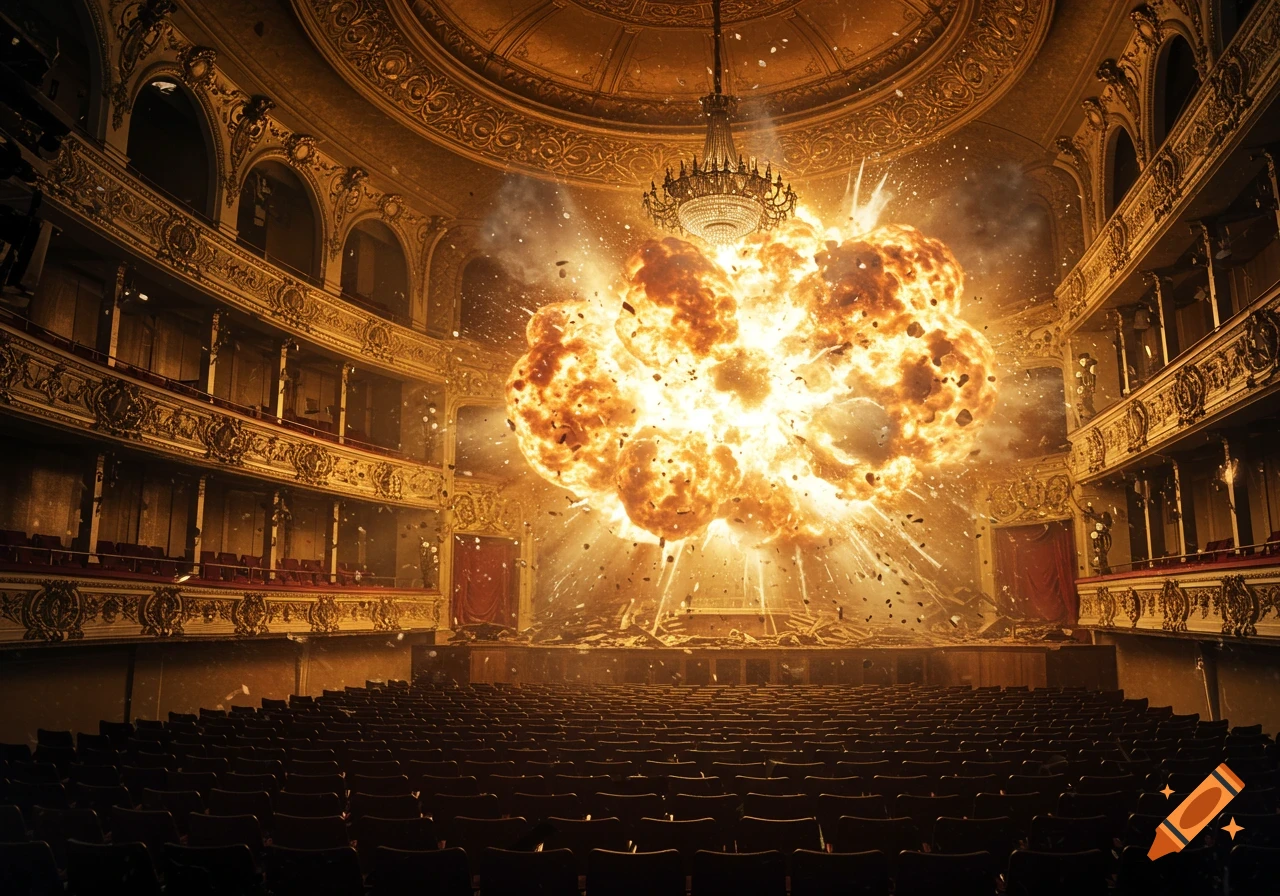 A photorealistic image of a massive fiery explosion engulfing the stage of a grand, empty, ornate theater.