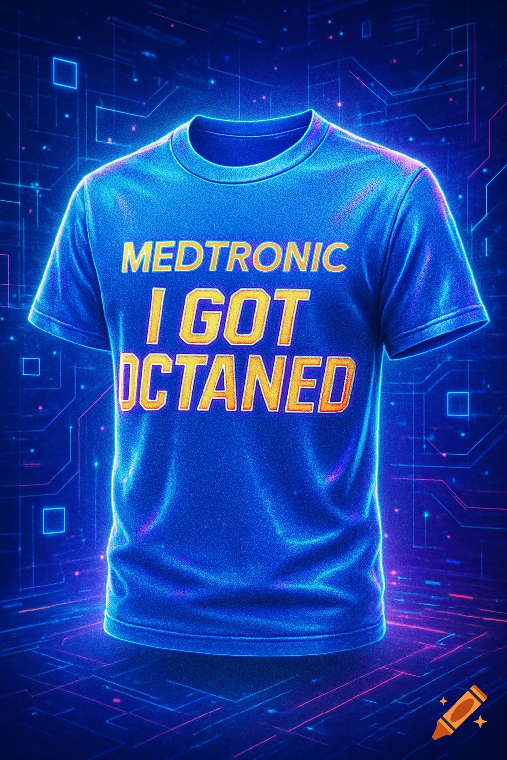 Blue t-shirt with 'MEDTRONIC I GOT OCTANED' text in a glowing digital art style.