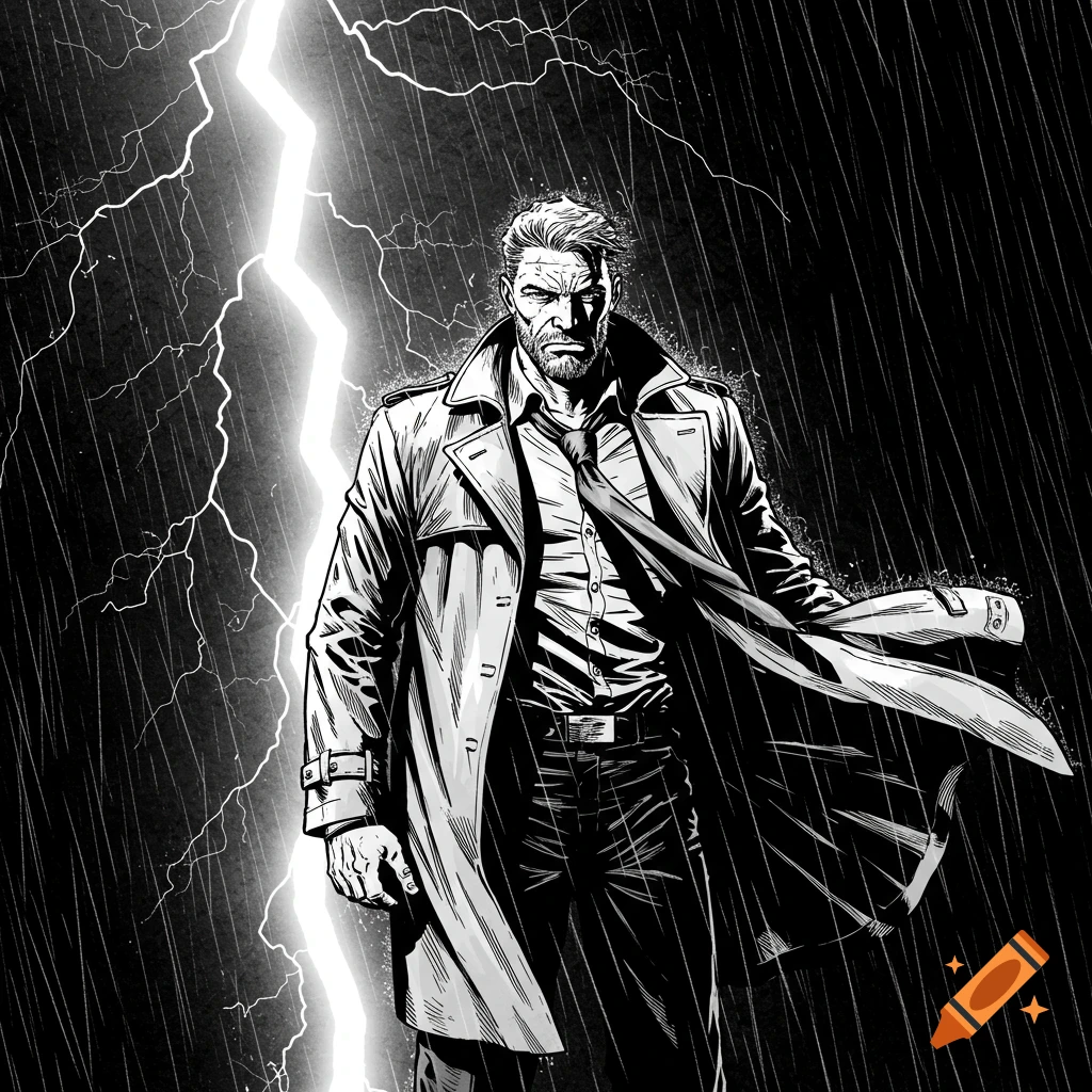 Black and white comic art of a man in a trench coat standing in the rain during a thunderstorm with a lightning strike.