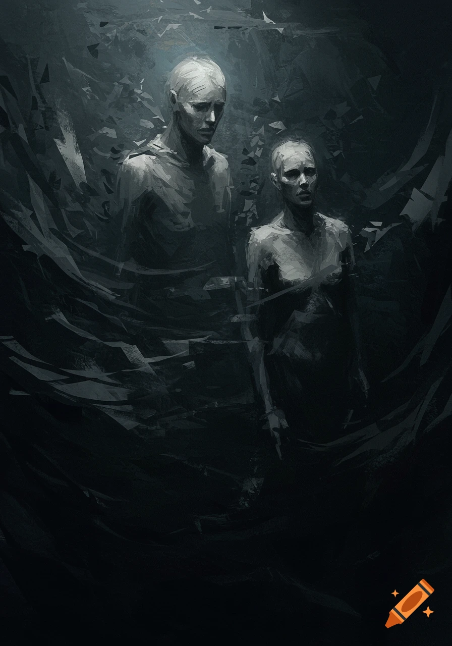 Depressing abstract art painting with two pale, gaunt figures emerging from a dark, fragmented background.