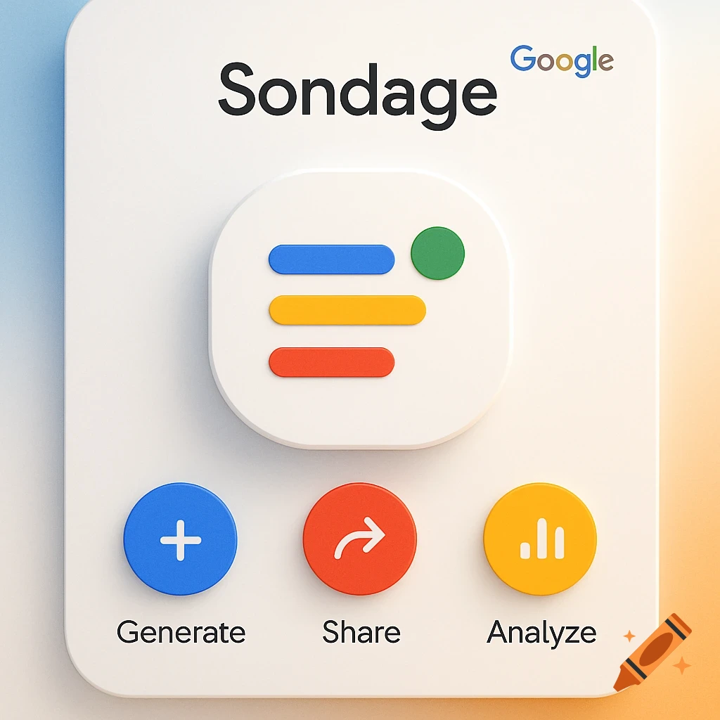 A clean, 3D rendered app interface for 'Sondage by Google,' featuring a colorful icon and 'Generate,' 'Share,' 'Analyze' buttons.