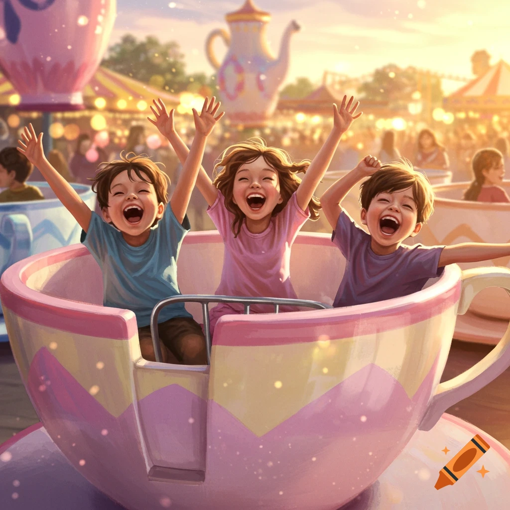 Three joyful children with arms raised, laughing on a colorful teacup ride at a sunny amusement park, photorealistic style.