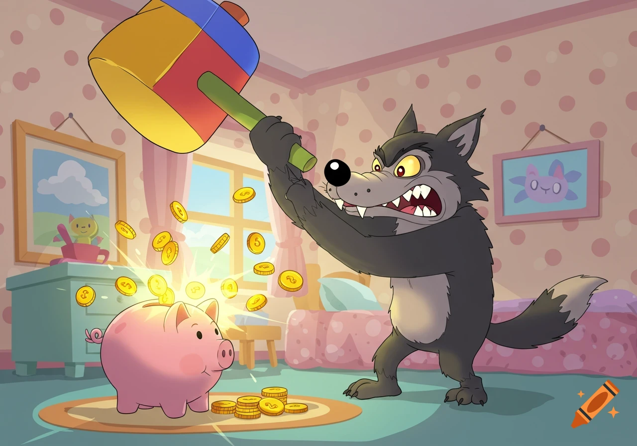 A cartoon wolf with an angry expression raises a large colorful hammer over a pink piggy bank, as golden coins burst out of it in a child's bedroom.