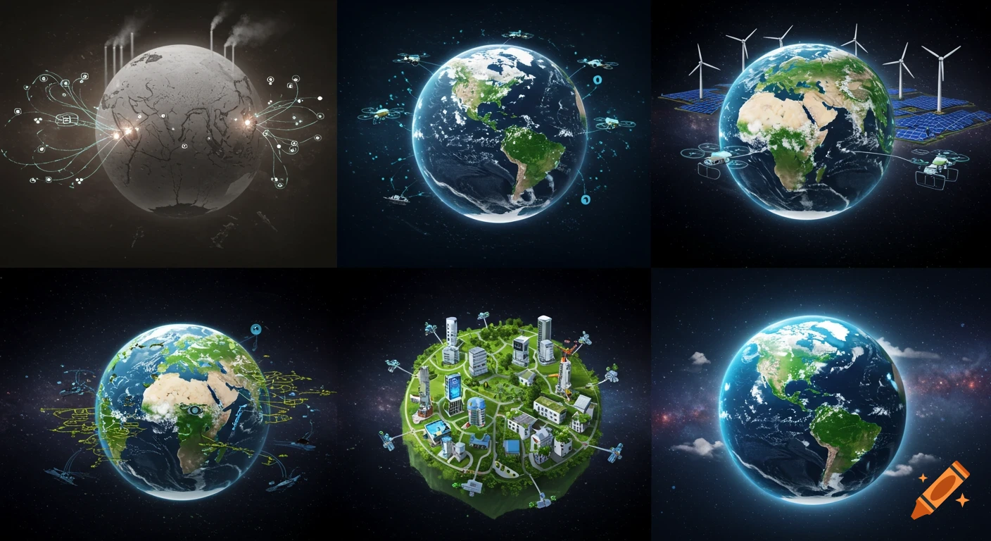 A grid of six images depicting Earth's transformation from polluted to healthy, featuring AI drones, green energy, and eco-cities.