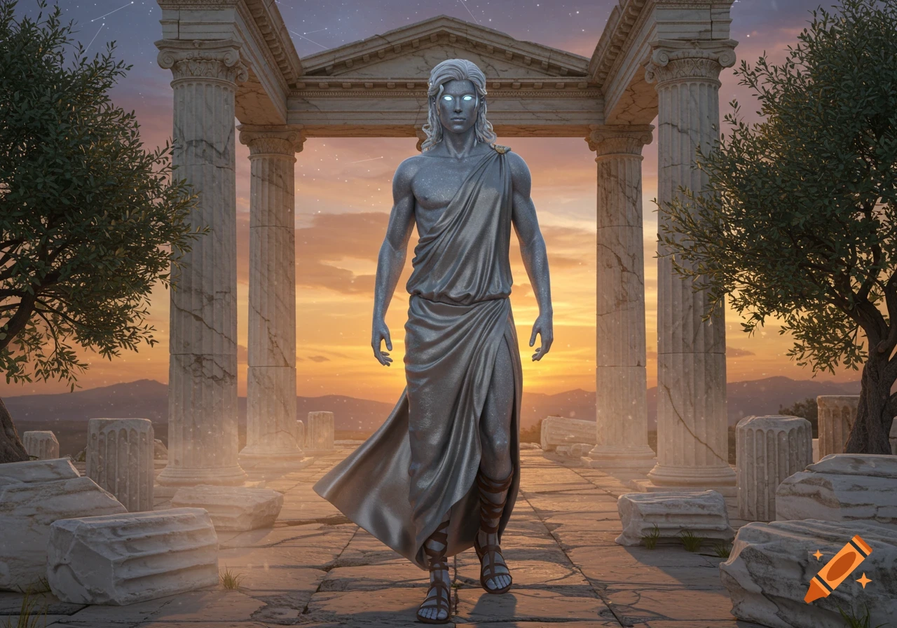 A silver-skinned man with glowing eyes in a toga stands amidst ancient Greek ruins with pillars at sunset.