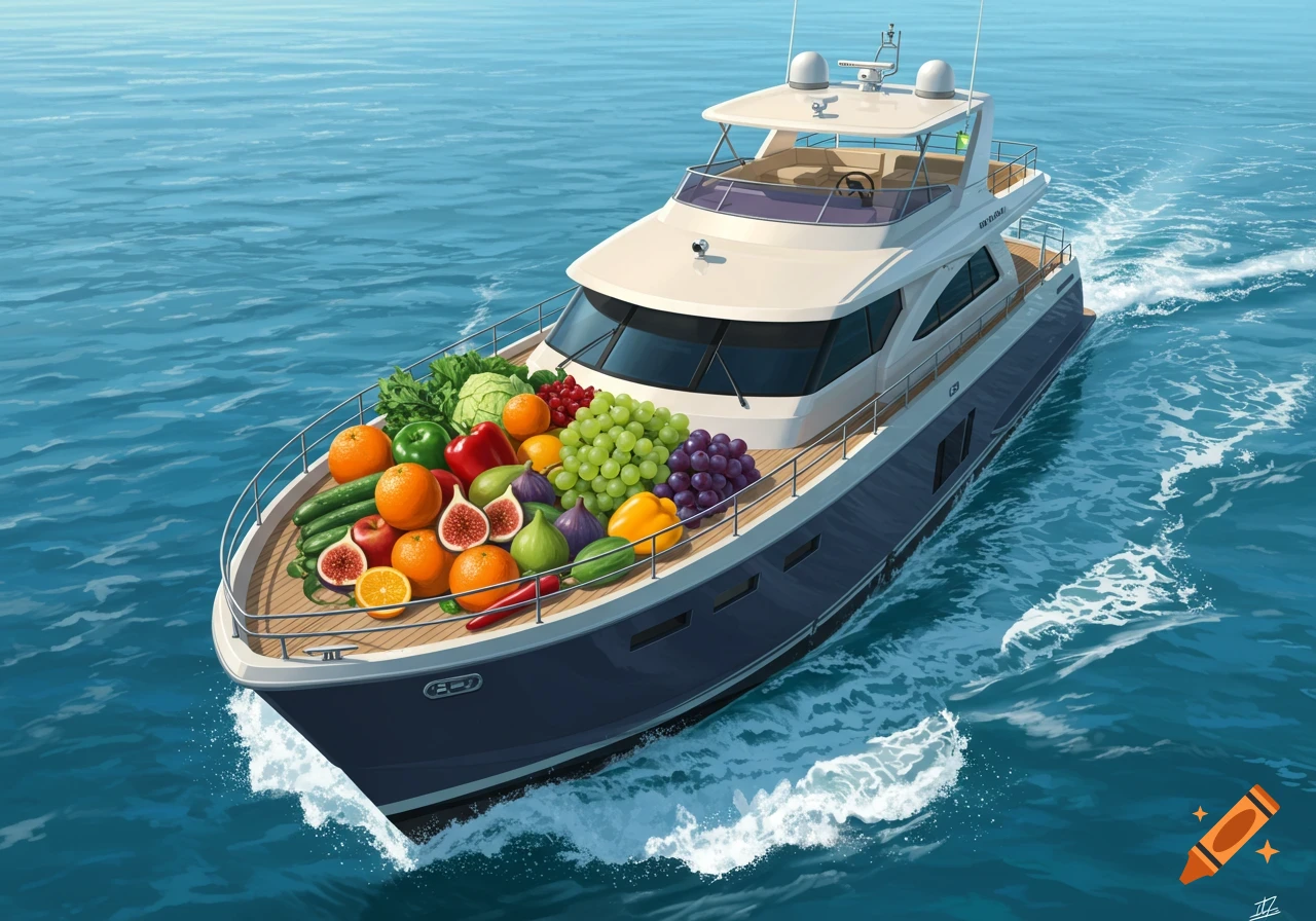 A luxurious white and blue yacht cruises on blue water, its front deck piled high with an abundance of colorful fruits and vegetables.