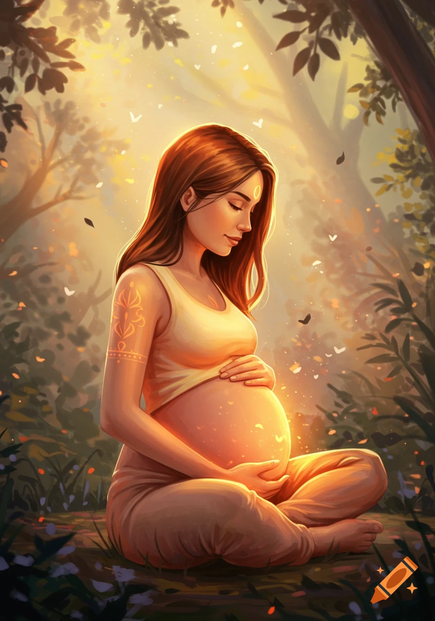 A stylized painting of a pregnant woman with glowing belly sitting in a spiritual forest setting.