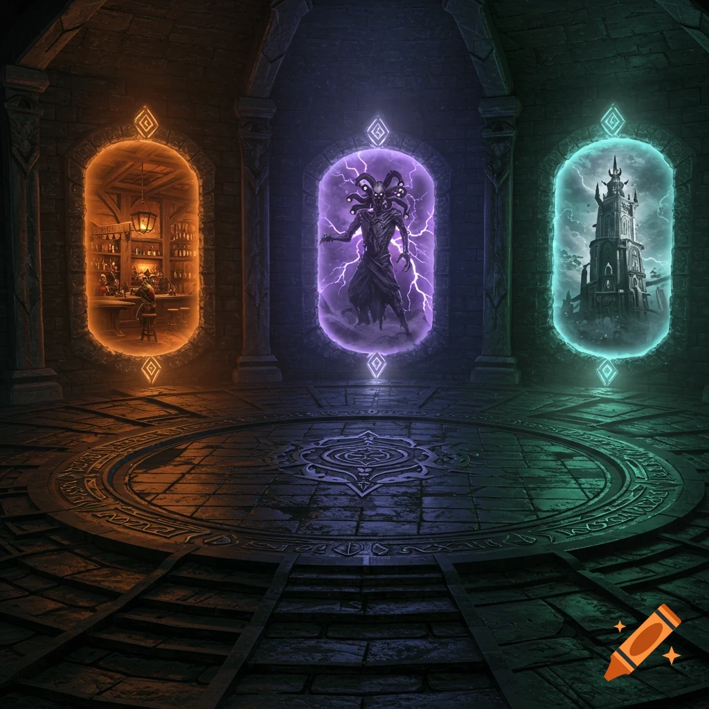 Dimly lit fantasy stone chamber with three glowing portals: a cozy tavern, a monstrous creature with lightning, and an ancient floating tower, in a detailed concept art style.