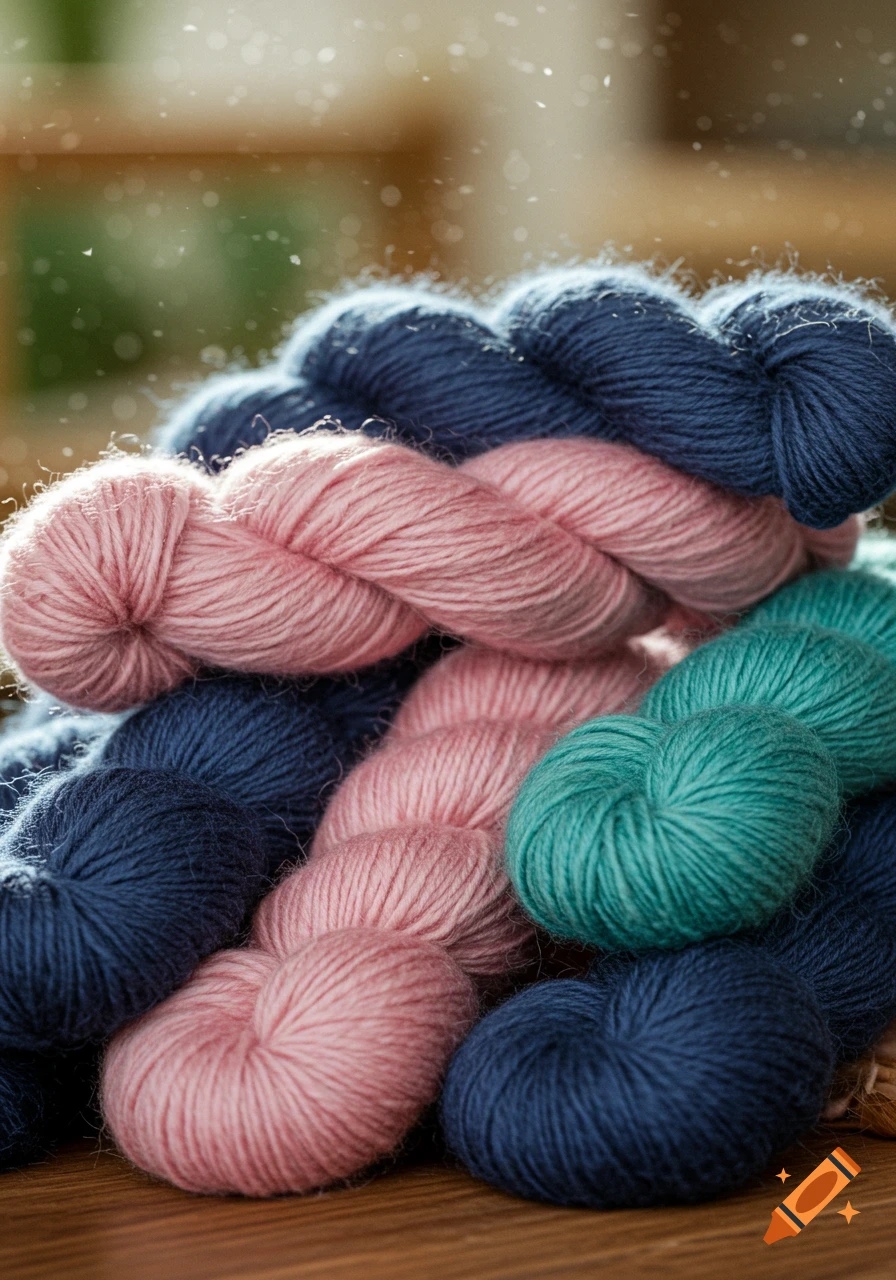 Close-up of soft wool yarn in various shades of blue, pink, and teal, stacked on a wooden surface with bokeh background.