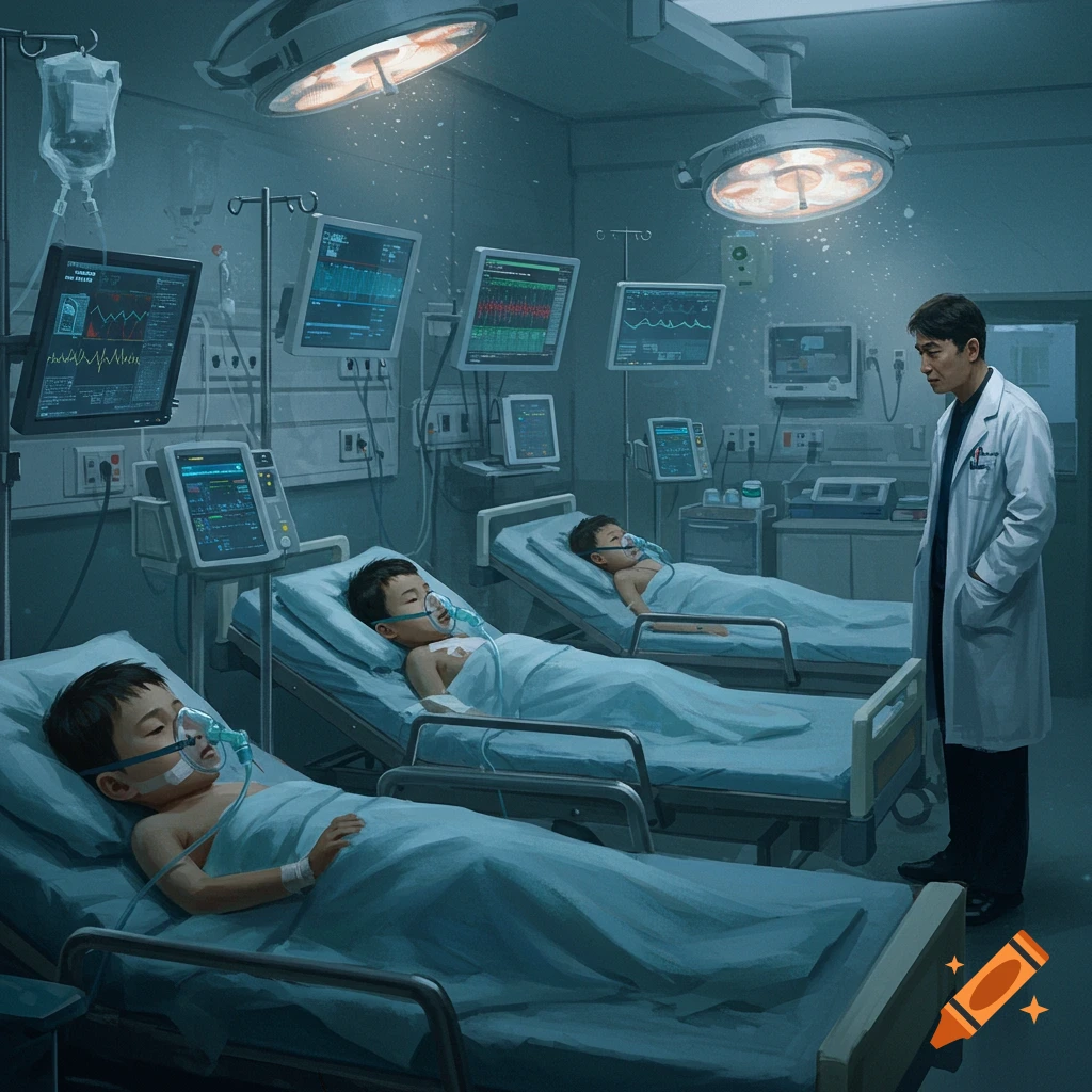 An illustration shows children with oxygen masks lying in hospital beds, while a sad doctor stands by looking at them. Monitors display illegible data.