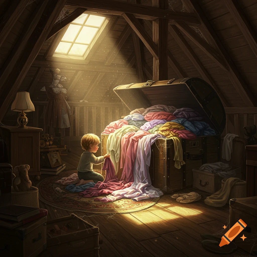 A young child kneels by an open trunk overflowing with colorful clothes in a sunlit, dusty attic, rendered in a detailed illustration style.
