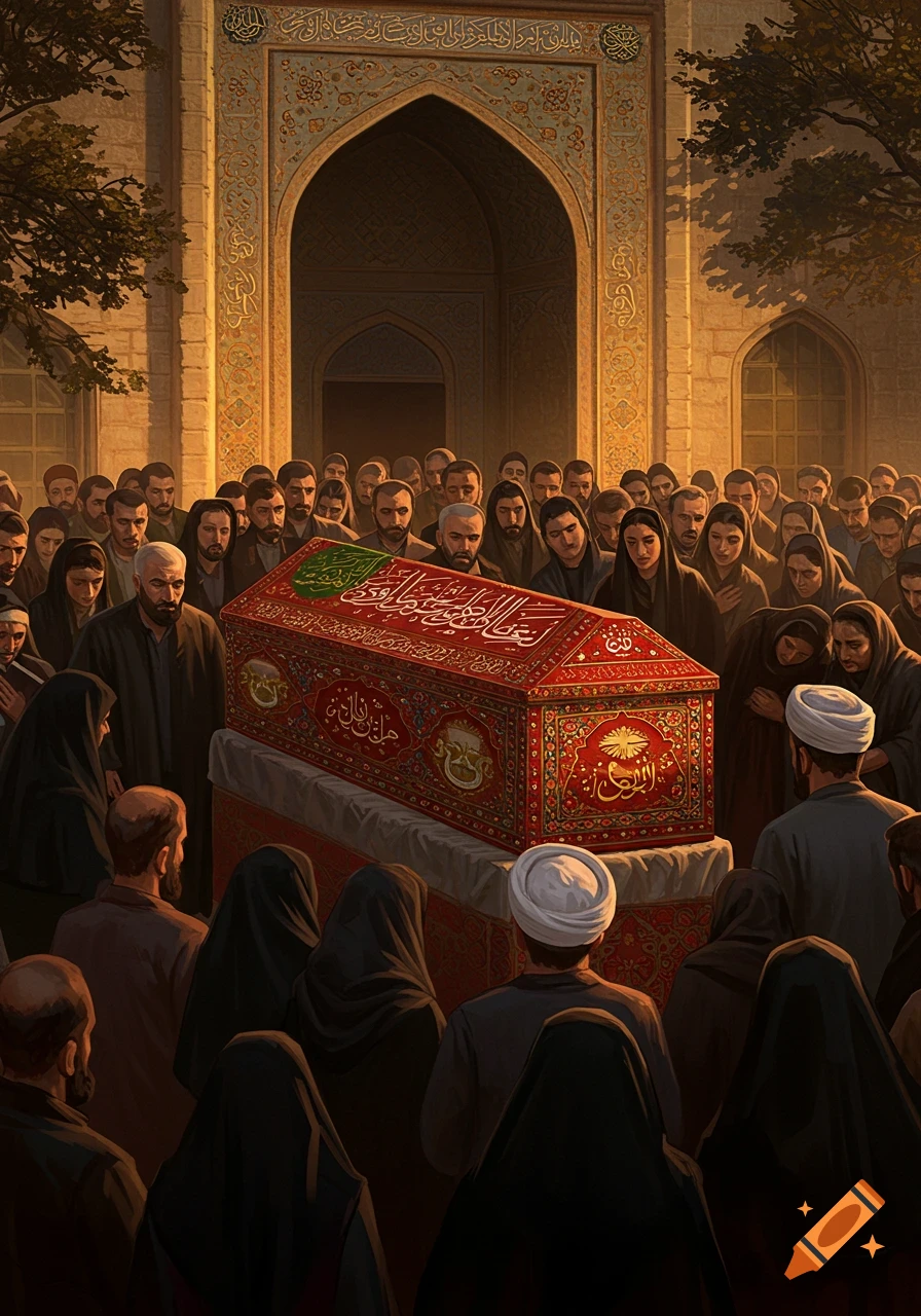 A crowd of mourners surrounds a decorated red coffin in front of a mosque-like archway, in a somber, illustrative style.