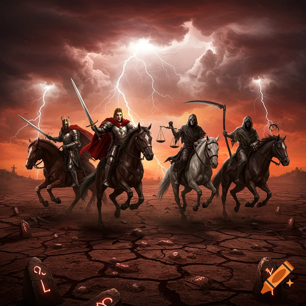 Four armored horsemen, including two grim reapers, ride through a lightning-filled red sky over a cracked, desolate land in a dark fantasy illustration.