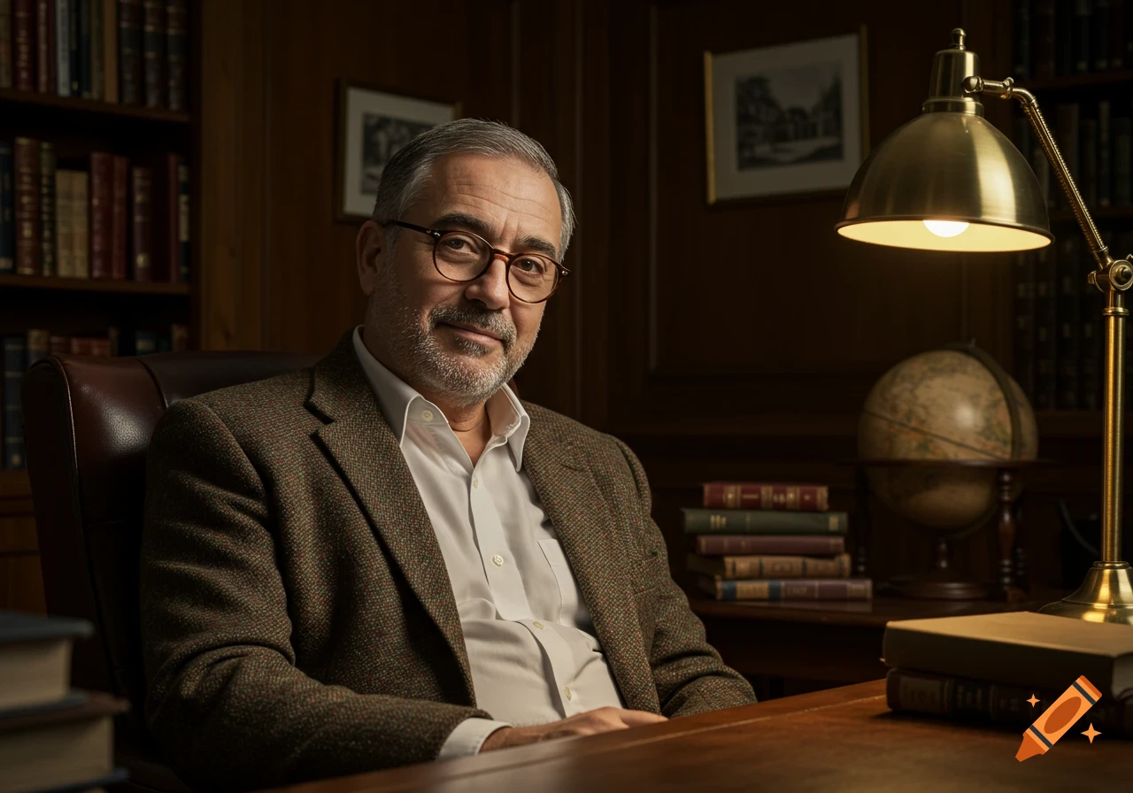 Photorealistic portrait of a middle-aged man with salt-and-pepper hair and glasses, sitting at a desk in a dark wood-paneled library.