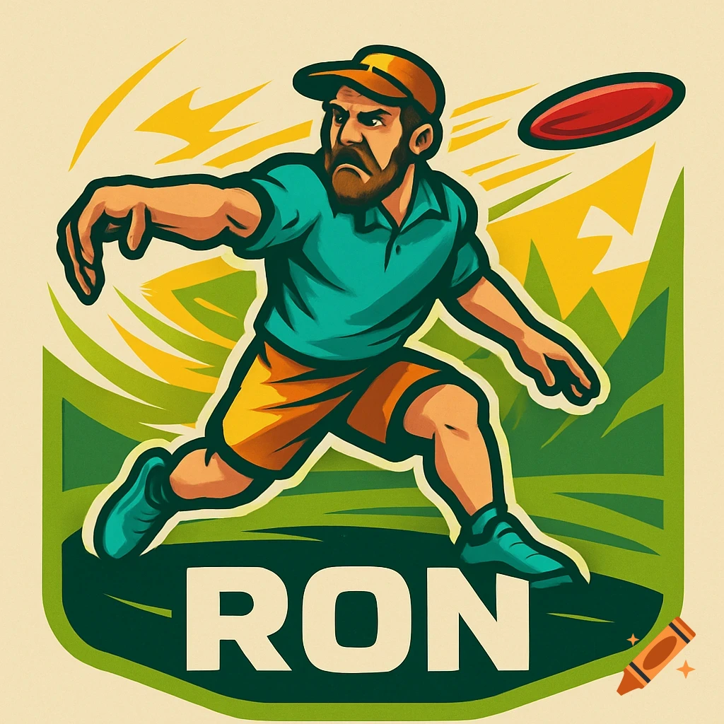 A stylized logo illustration of a man with a beard and cap throwing a frisbee for disc golf, with the name 'RON' below.
