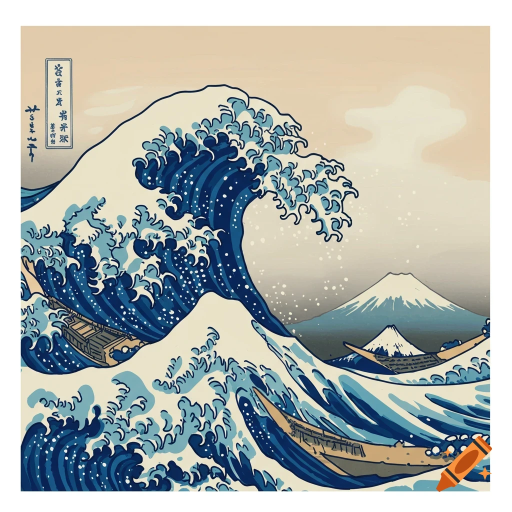 A stylized Ukiyo-e woodblock print depicts a large cresting blue wave with boats, and Mount Fuji in the background.