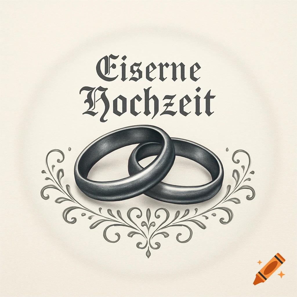 Two dark rings intertwined with elegant German text "Eiserne Hochzeit" above, surrounded by decorative swirls on a light textured background.