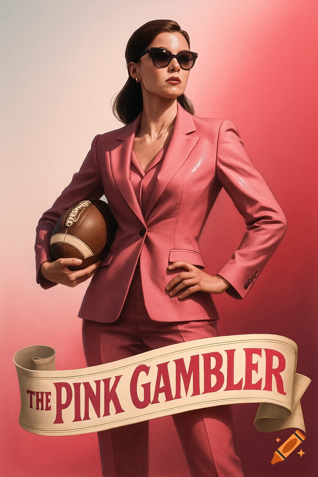 A confident woman in a pink suit and sunglasses holds a football, with a banner reading 'THE PINK GAMBLER'.