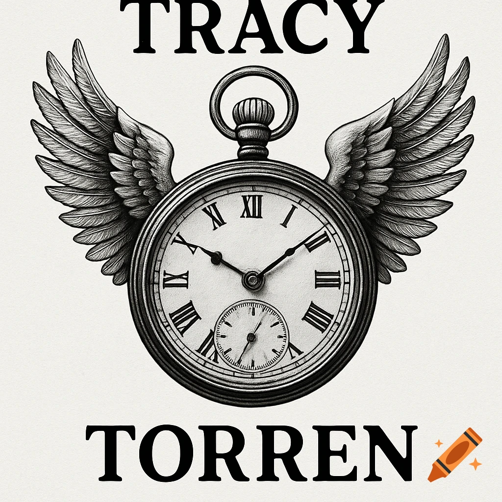 A detailed black and white drawing of a winged pocket watch with Roman numerals, flanked by the names TRACY and TORREN.