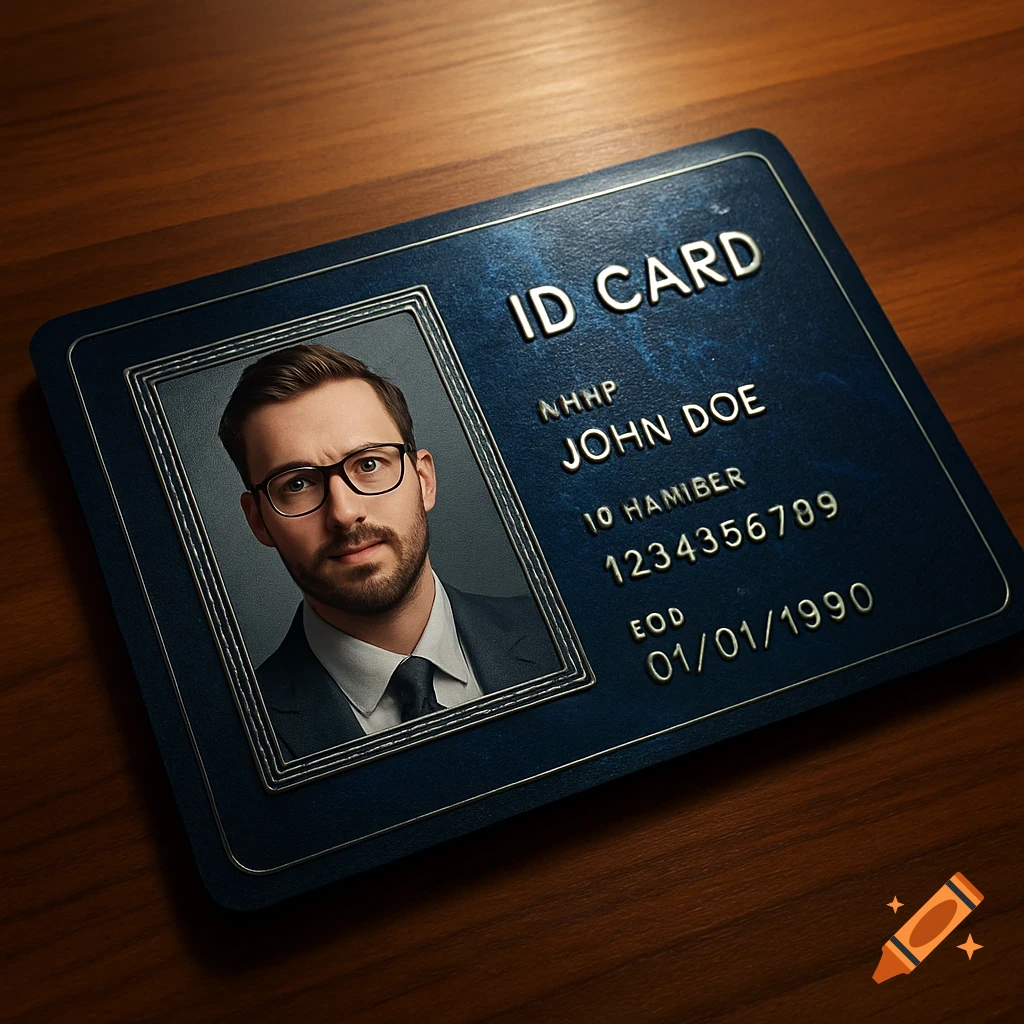 A photorealistic ID card for John Doe with a photo of a man wearing glasses and a suit, resting on a wooden table.