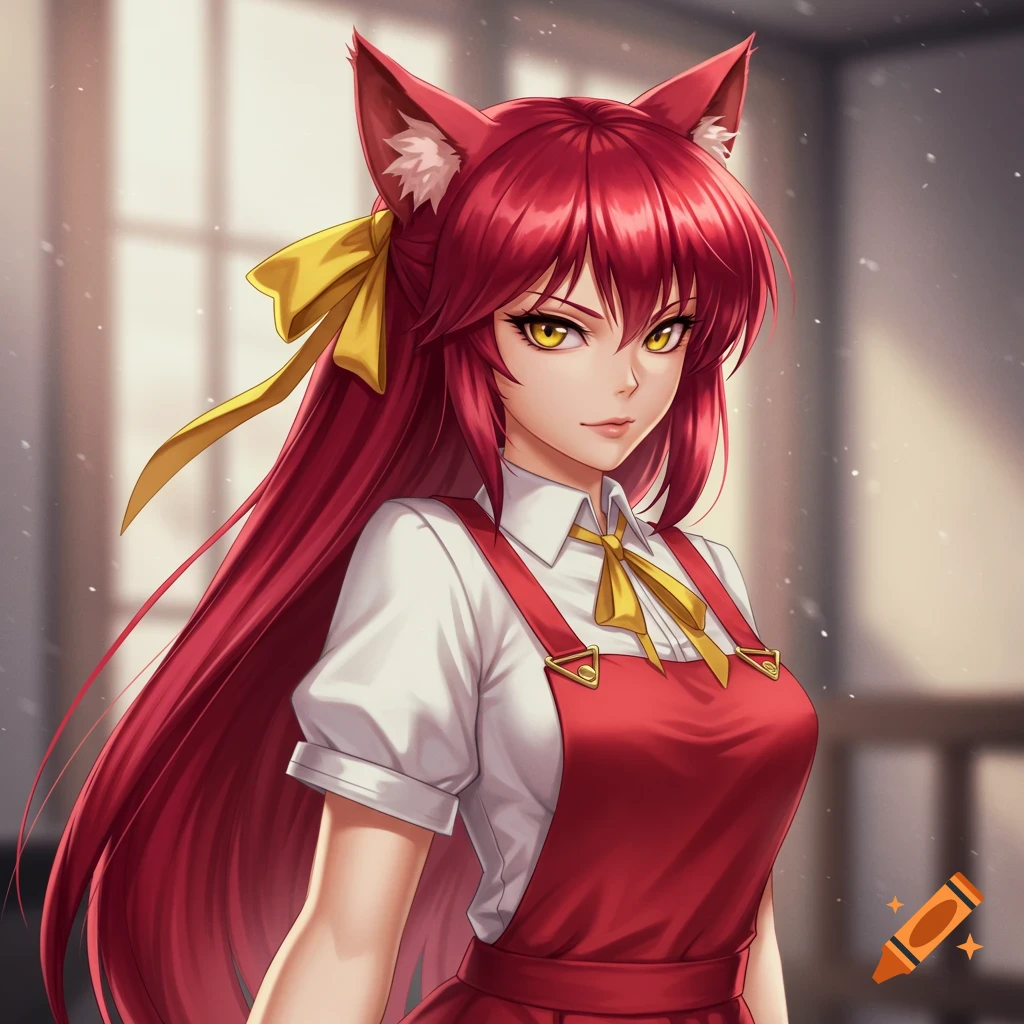 Anime cat girl with long red hair, yellow eyes, cat ears, wearing a white shirt and red apron with a yellow bow.