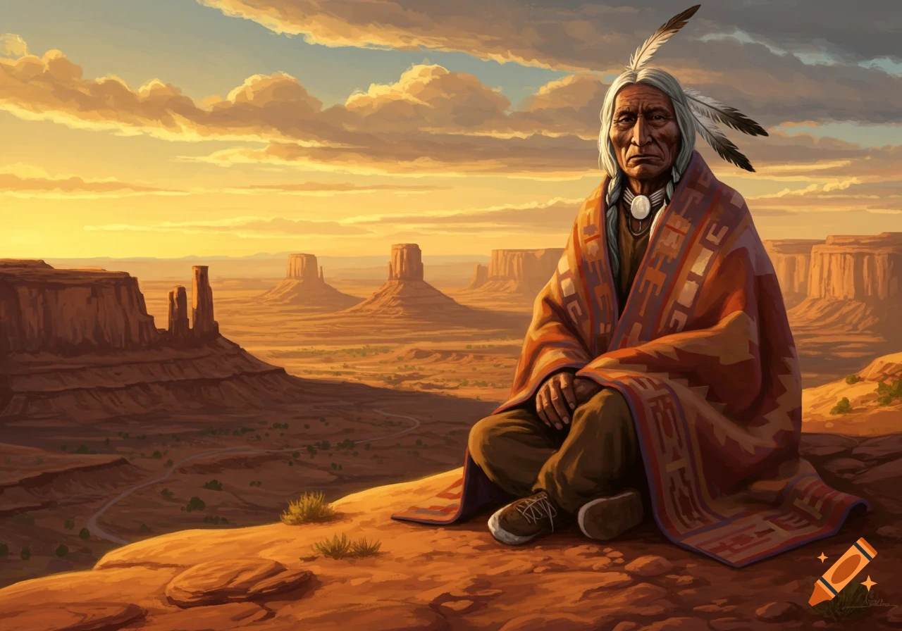 Elderly Native American man sits on a hill in a patterned blanket, overlooking a desert landscape with mesas at sunset, digital painting.