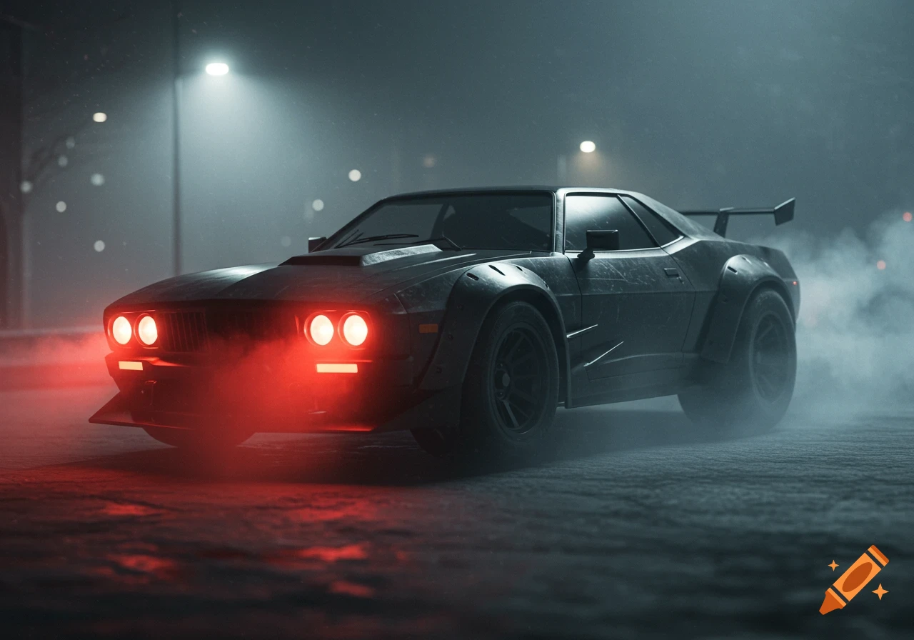 A dark, futuristic car with glowing red headlights stands on a foggy street at night, smoke rising from its wheels, in a cinematic style.