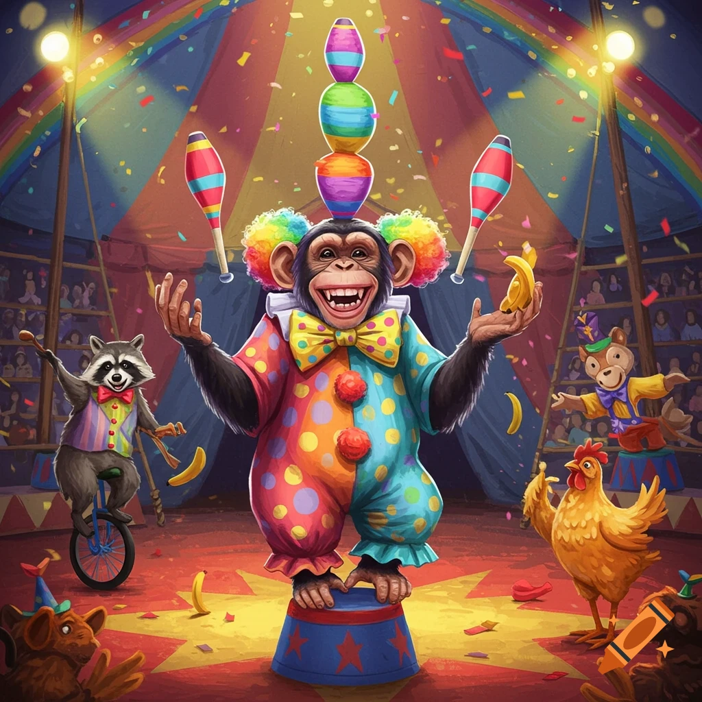 A cheerful cartoon clown monkey juggles bananas and pins on a pedestal in a vibrant circus tent, with other animals.