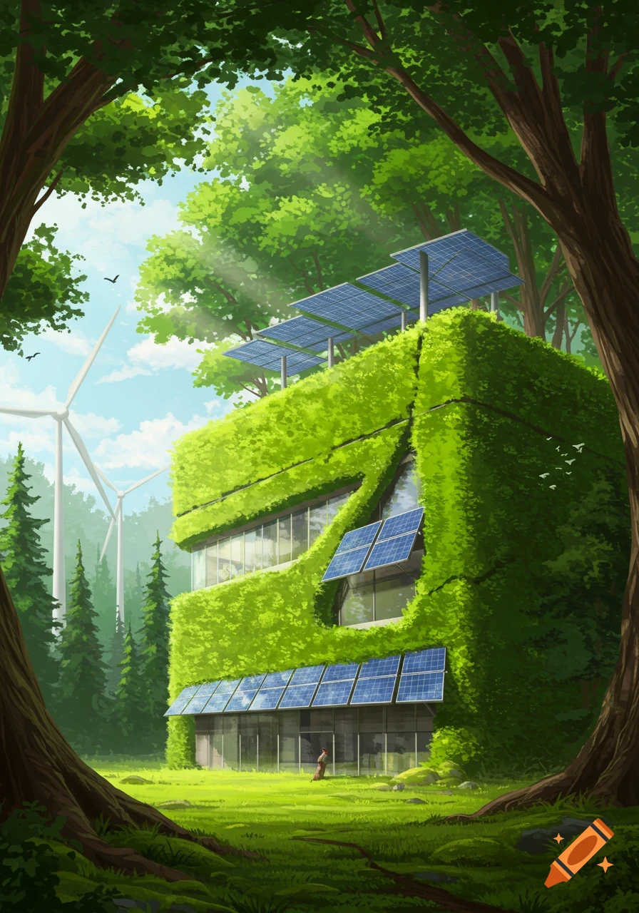 An illustrative eco-friendly building covered in green foliage with solar panels, surrounded by trees and wind turbines under a bright sky.