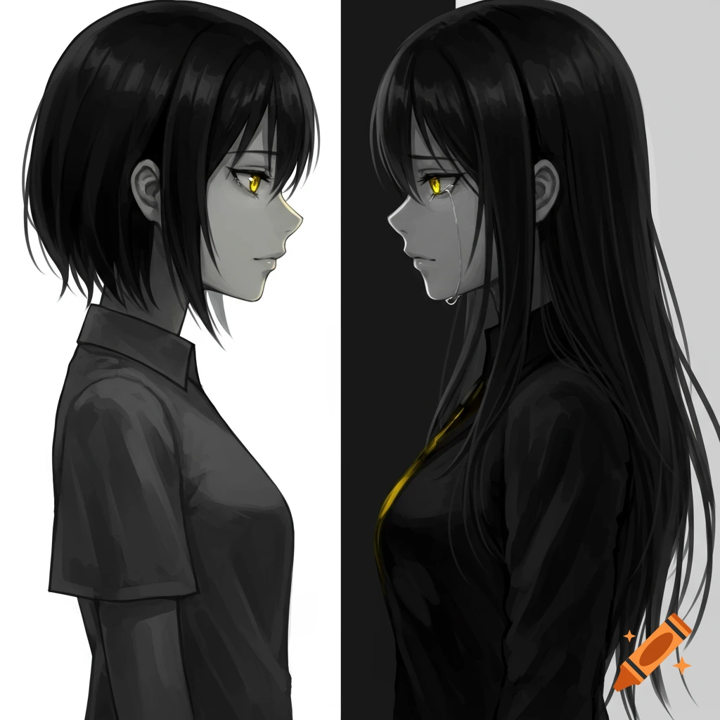 Two anime girls with yellow eyes, one short-haired on white, one long-haired on black, face each other sadly, the latter crying.