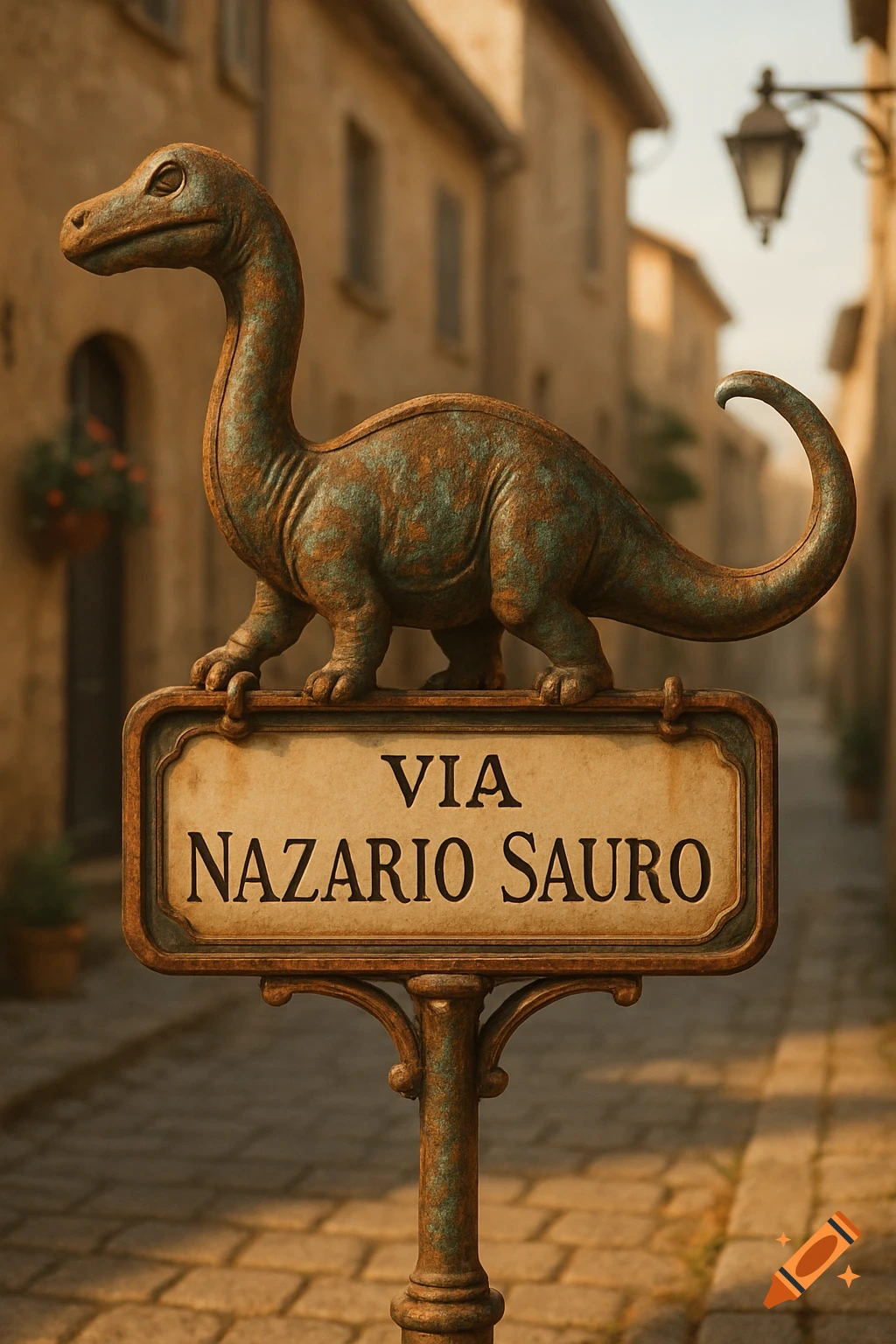 A weathered green dinosaur statue perches atop a "Via Nazario Sauro" street sign on an old town street.