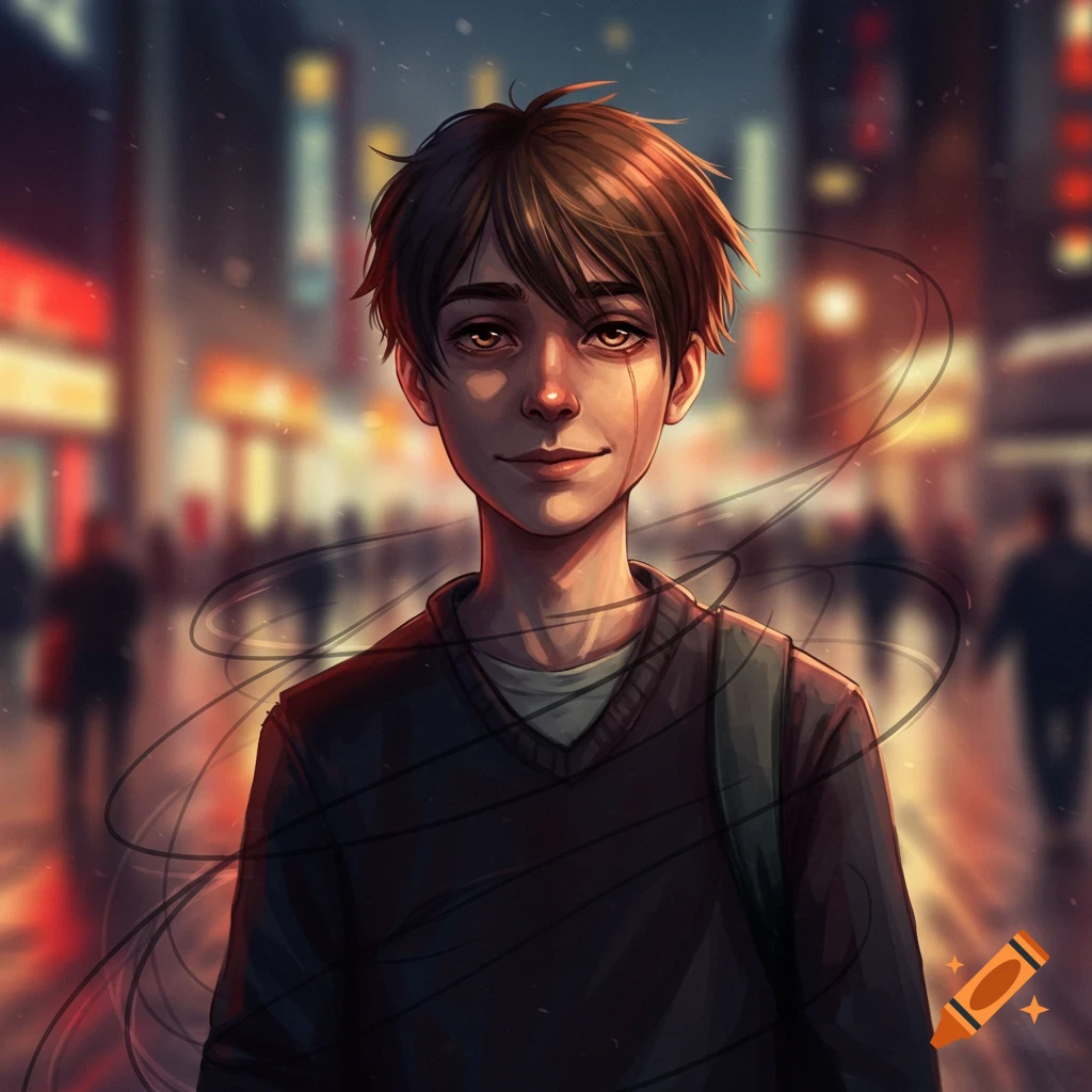 Anime illustration of a melancholic young person with a tear, smiling weakly in a blurry city night.