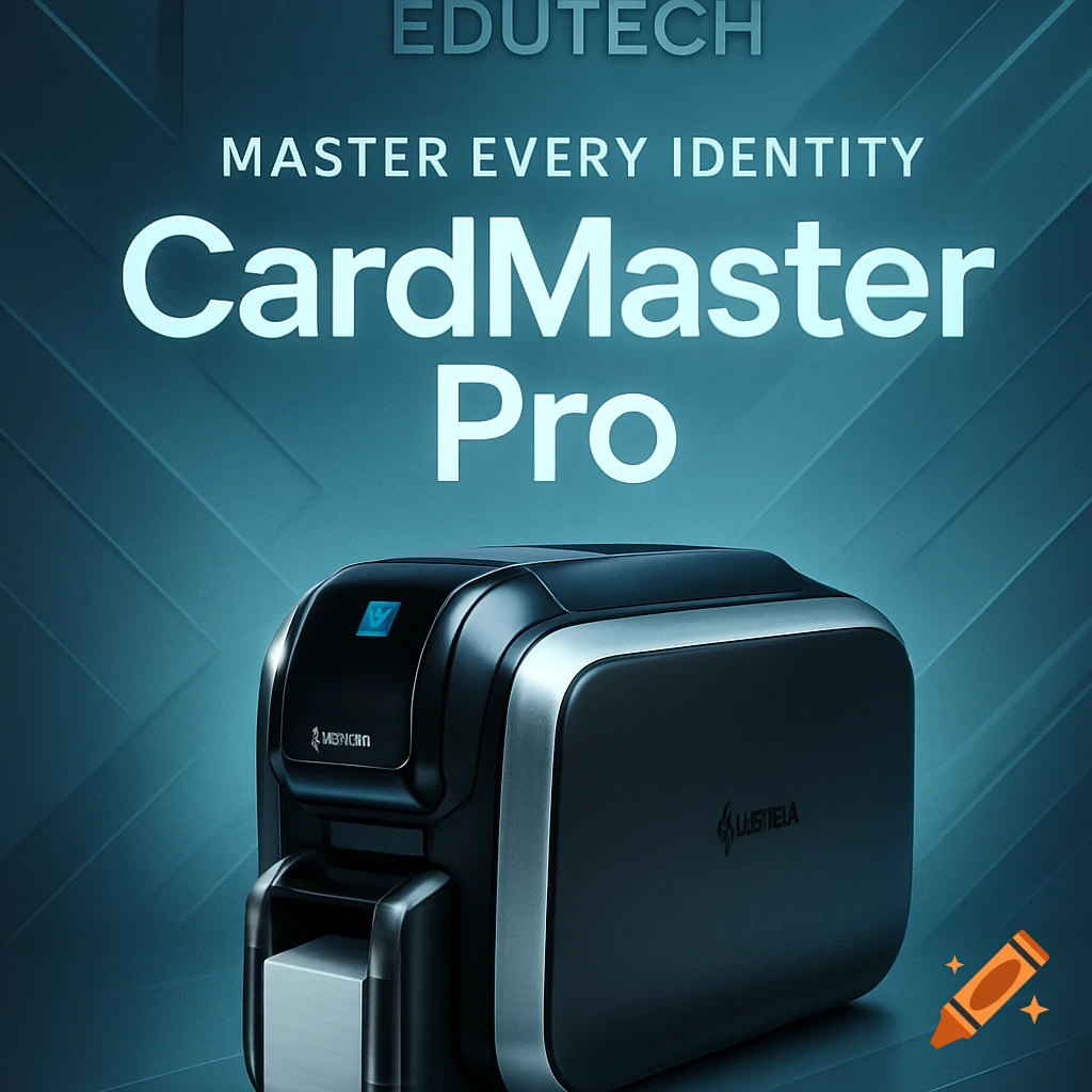 A splash screen for "CardMaster Pro" software by "EDUTECH", featuring a sleek, dark grey and silver ID card printer with a blue light against a teal background.