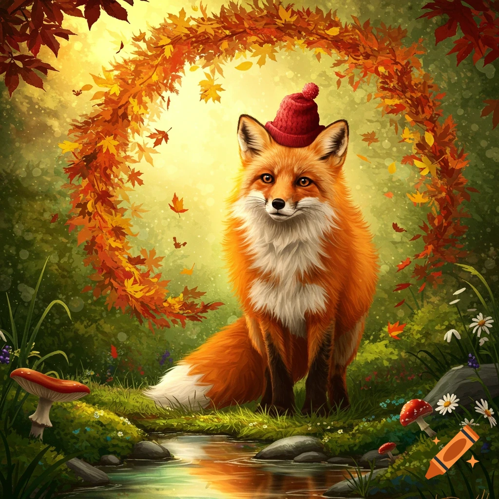 A cute fox in a red hat sits by a stream in a vibrant, whimsical autumn ...