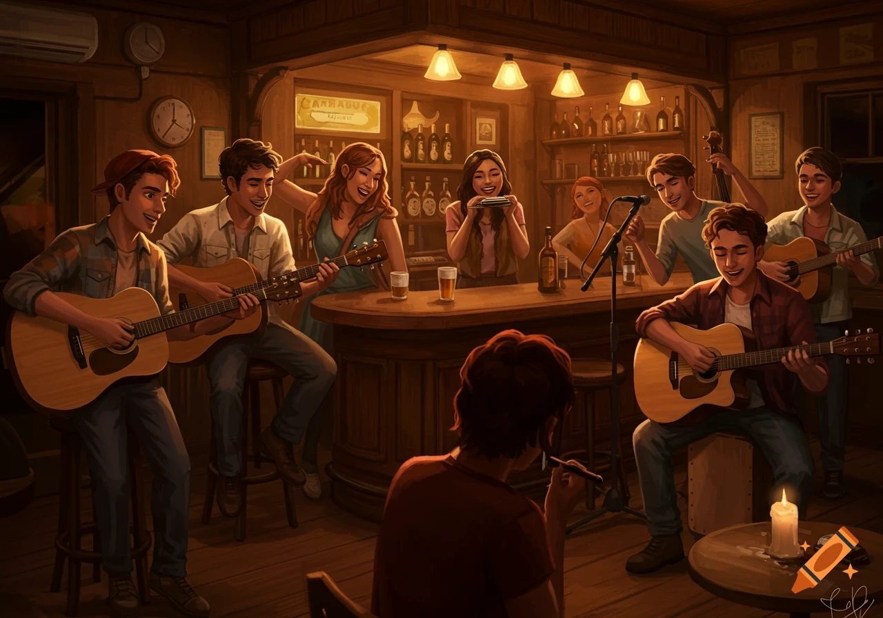 A group of young musicians play guitars, harmonica, and cajón in a dimly lit, cozy bar, sharing smiles and creating a joyful atmosphere.