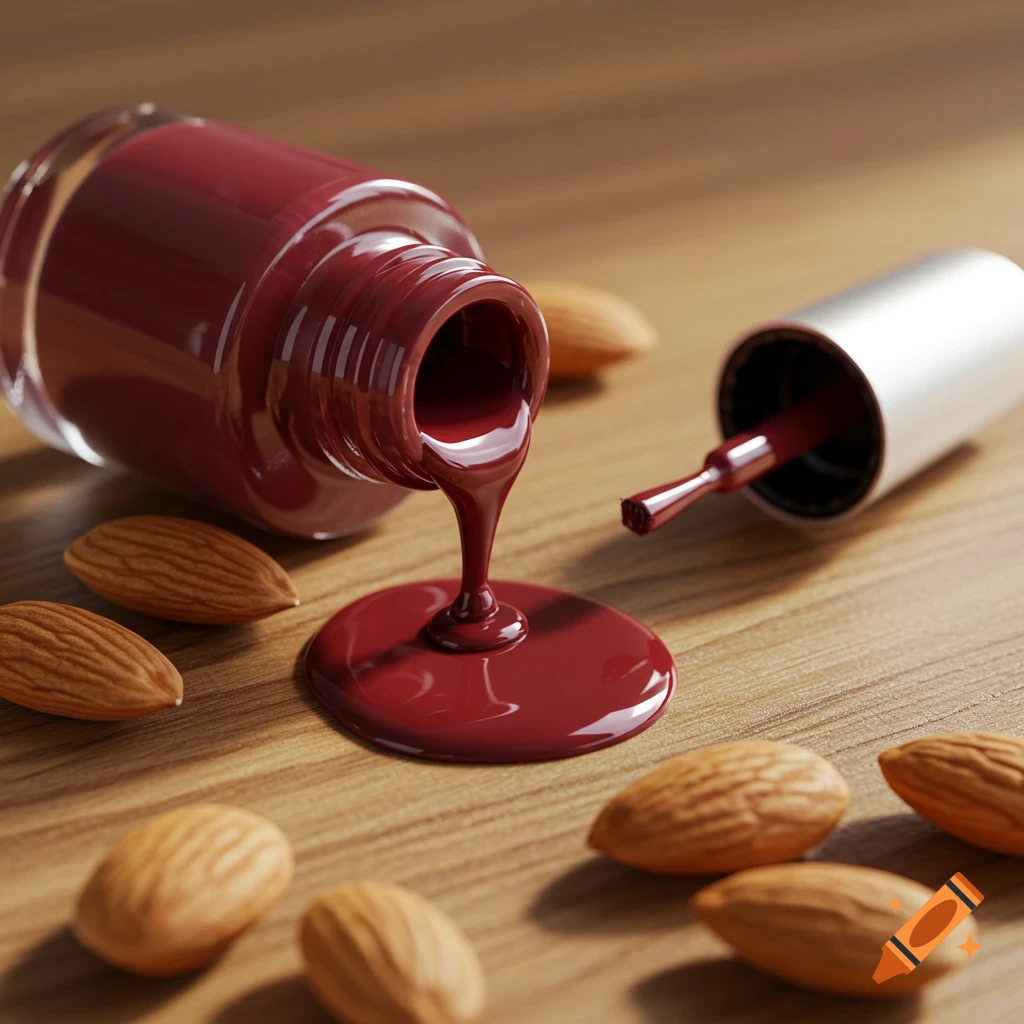Red nail polish spilled from an open bottle next to its brush and scattered almonds on a wooden table, photorealistic.
