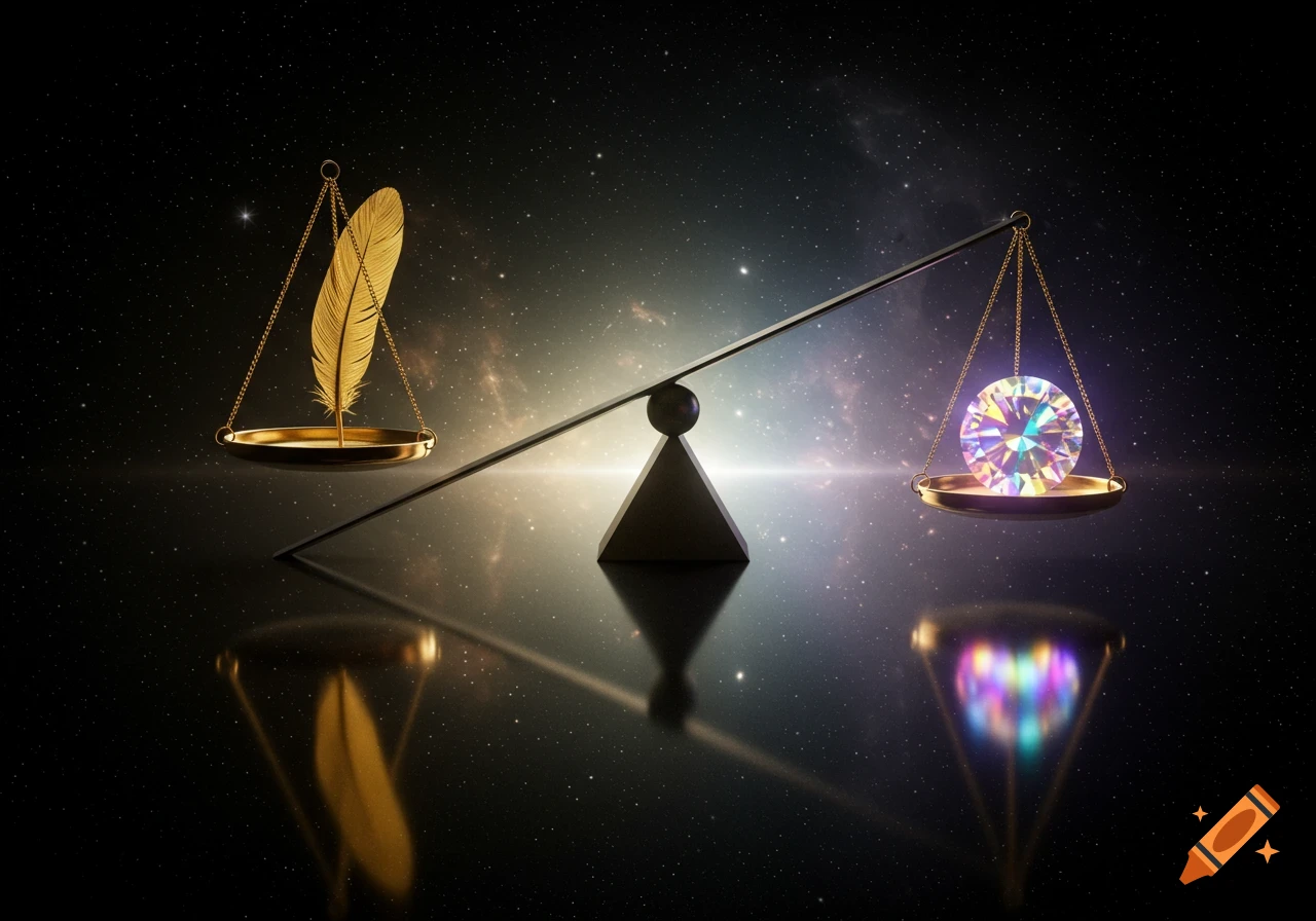 A balance scale against a starry cosmos, with a golden feather on one side and a large sparkling diamond on the other, perfectly balanced.