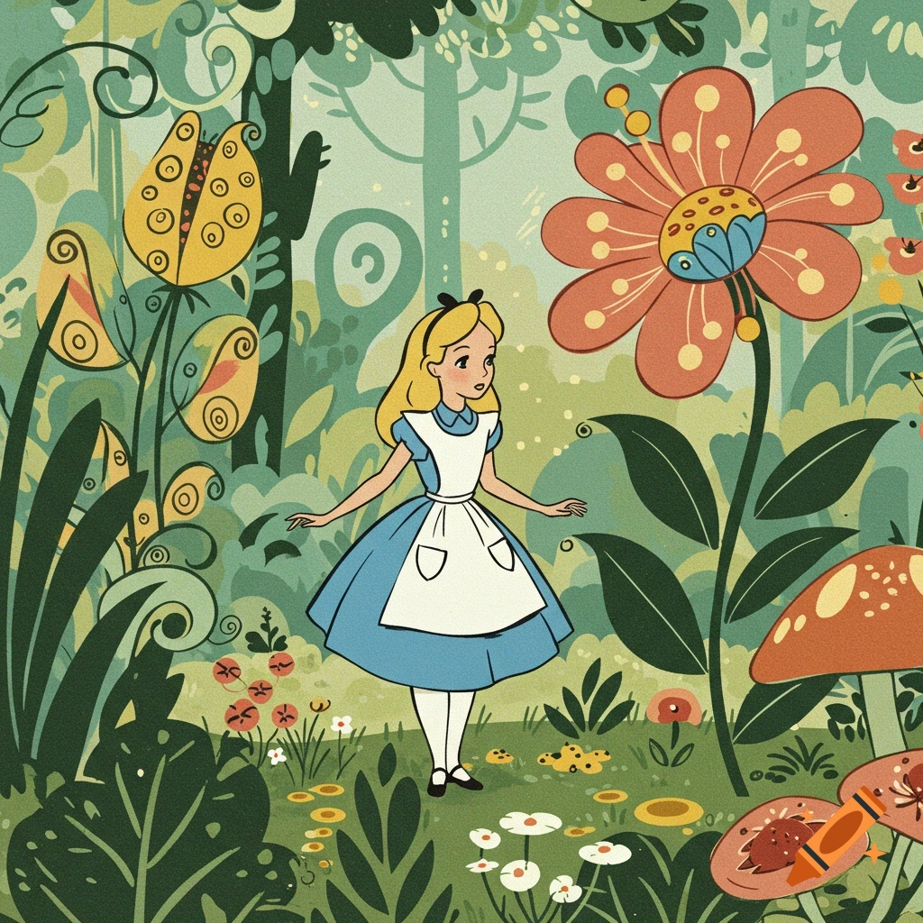 Alice in Wonderland illustration in a 1950s style, standing in a vibrant forest with large, whimsical flowers.