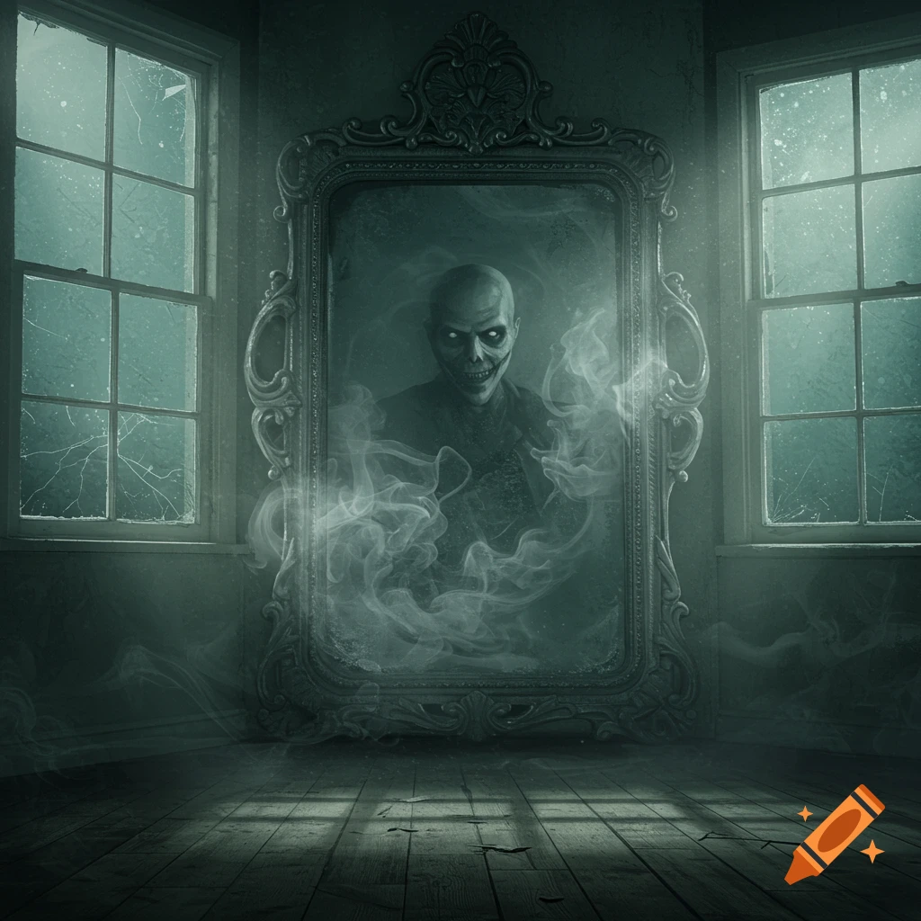 A scary, pale-faced figure with glowing eyes and a wide grin emerges from smoke in an ornate mirror within a dark, cracked room.