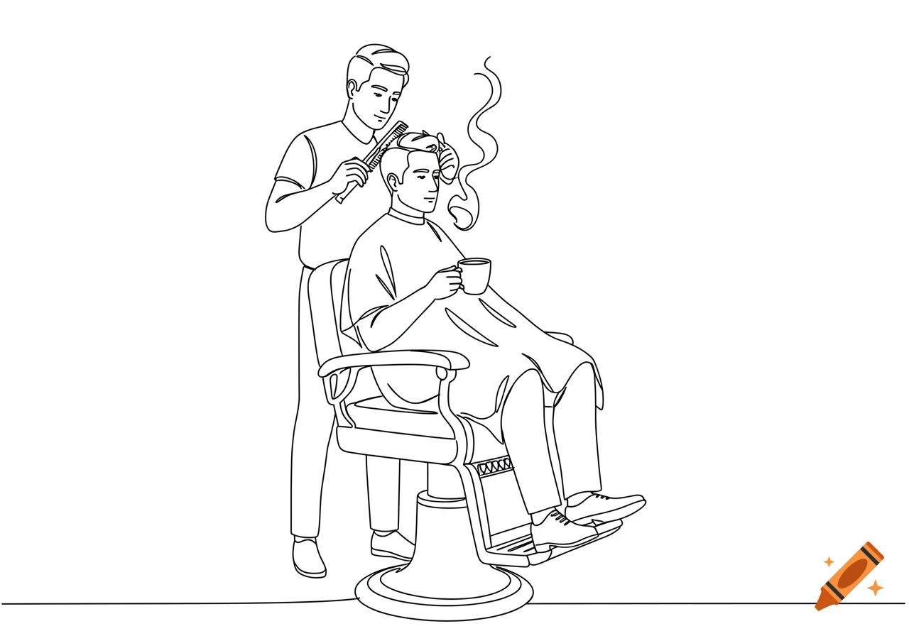Line art drawing of a barber cutting a man's hair in a barber chair while the man drinks coffee.