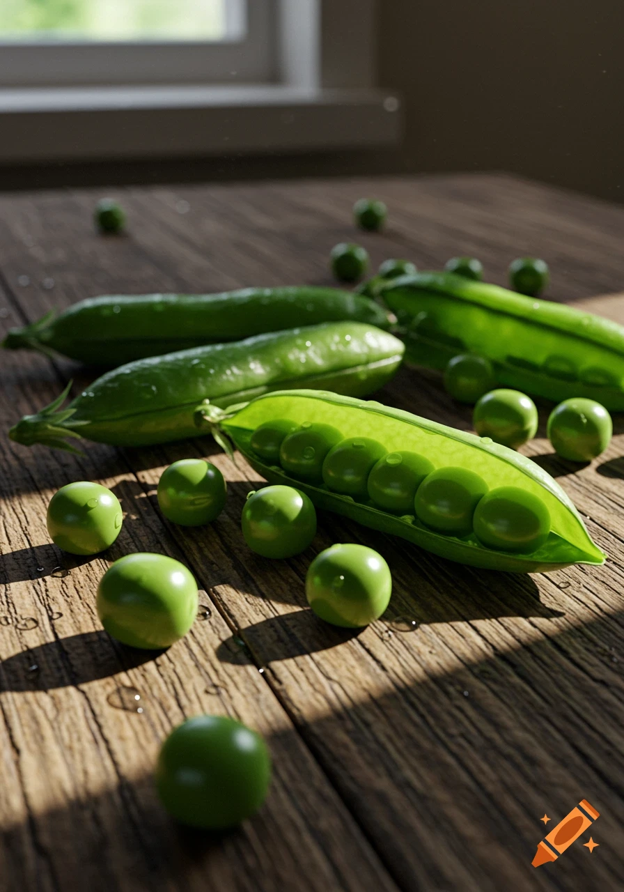 Hyper-realistic close-up of fresh green peas, some in pods and some scattered, with water droplets on a rustic wooden table.