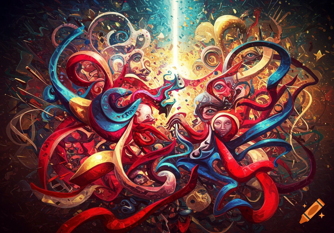 A vibrant, chaotic abstract artwork with swirling red, blue, and yellow forms, stylized faces, and eyes, illuminated by a central light beam.