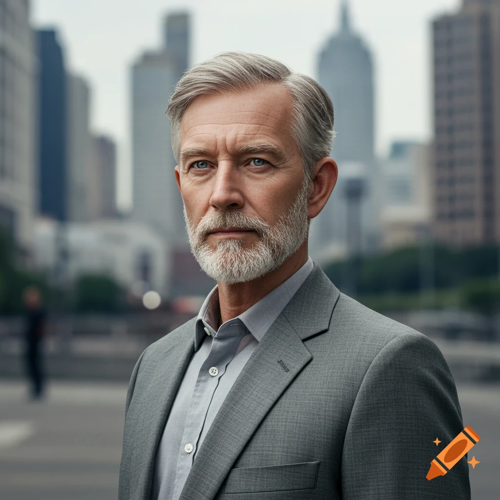 A photorealistic portrait of an older man with gray hair and a beard, wearing a gray suit, standing in a city with blurred buildings.