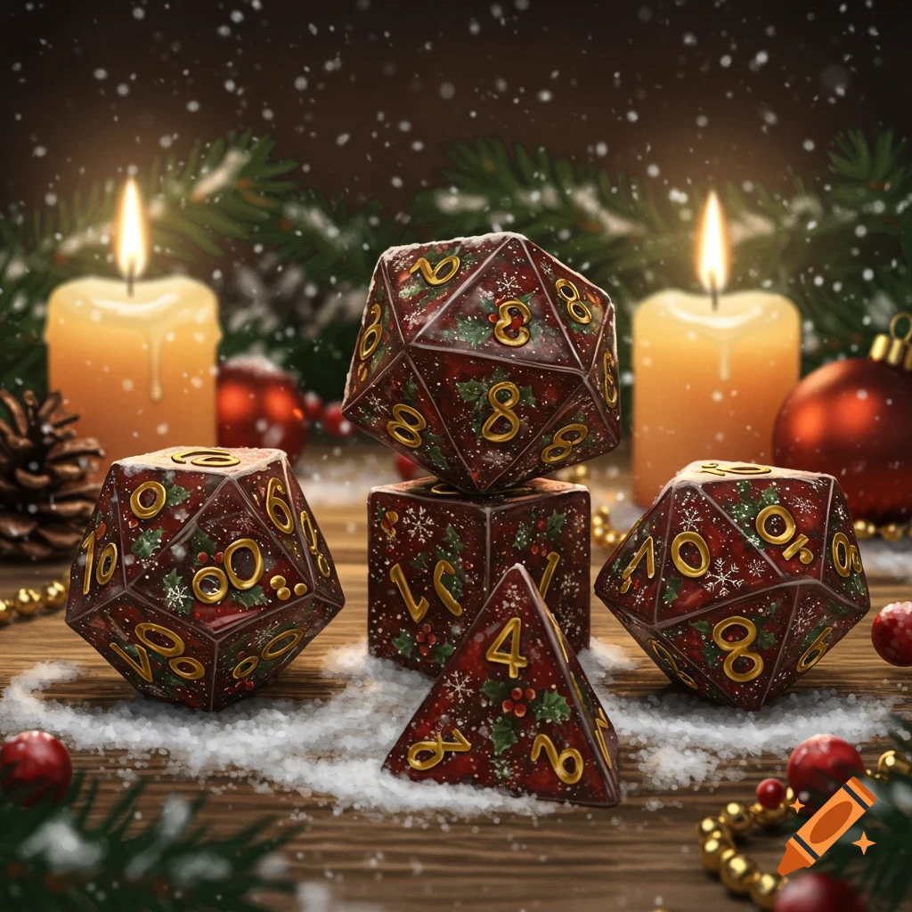 Photorealistic image of red Christmas polyhedral dice scattered on a snowy wooden table with lit candles and festive decor.