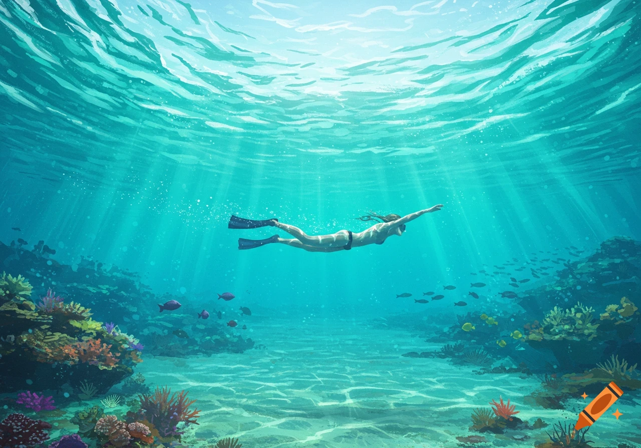 A stylized illustration of a person snorkeling underwater, surrounded by coral reefs and small fish, with light rays shining from above.