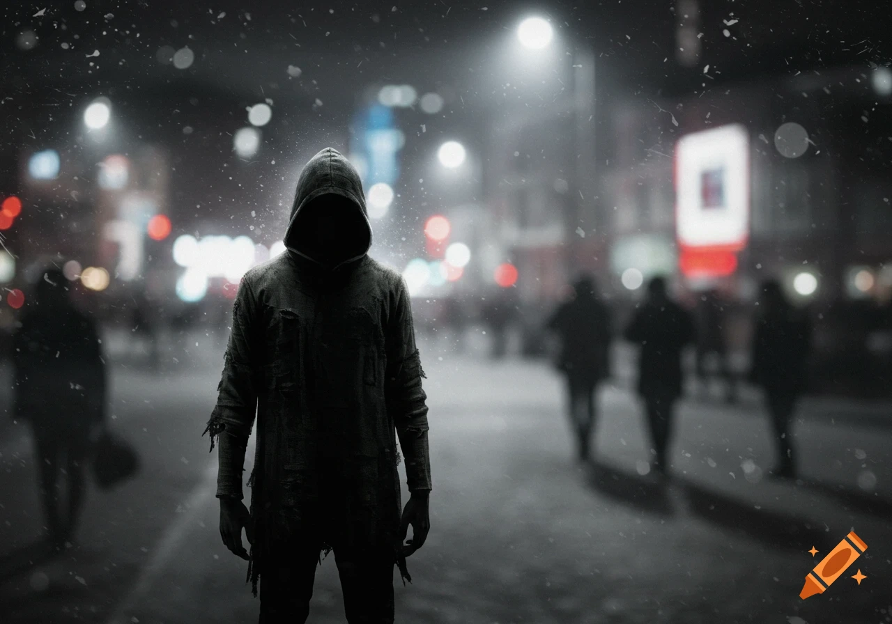 A dark, hooded figure stands in a snowy urban street at night, with blurry city lights in the background.